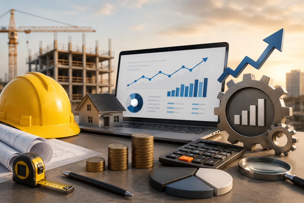 Professional construction SEO concept featuring a laptop with analytics charts, a yellow hard hat, blueprints, calculator, stacked coins, gears, and an upward growth arrow on a desk, with a blurred construction site in the background, representing contractor digital marketing and SEO investment.